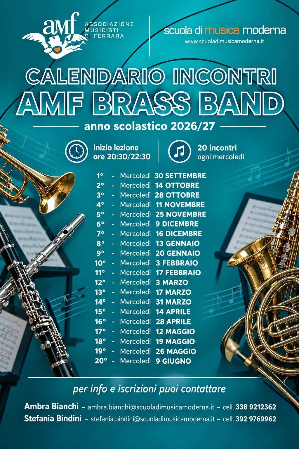 Calendario incontri AMF Brass Band, anno scolastico 2026/27