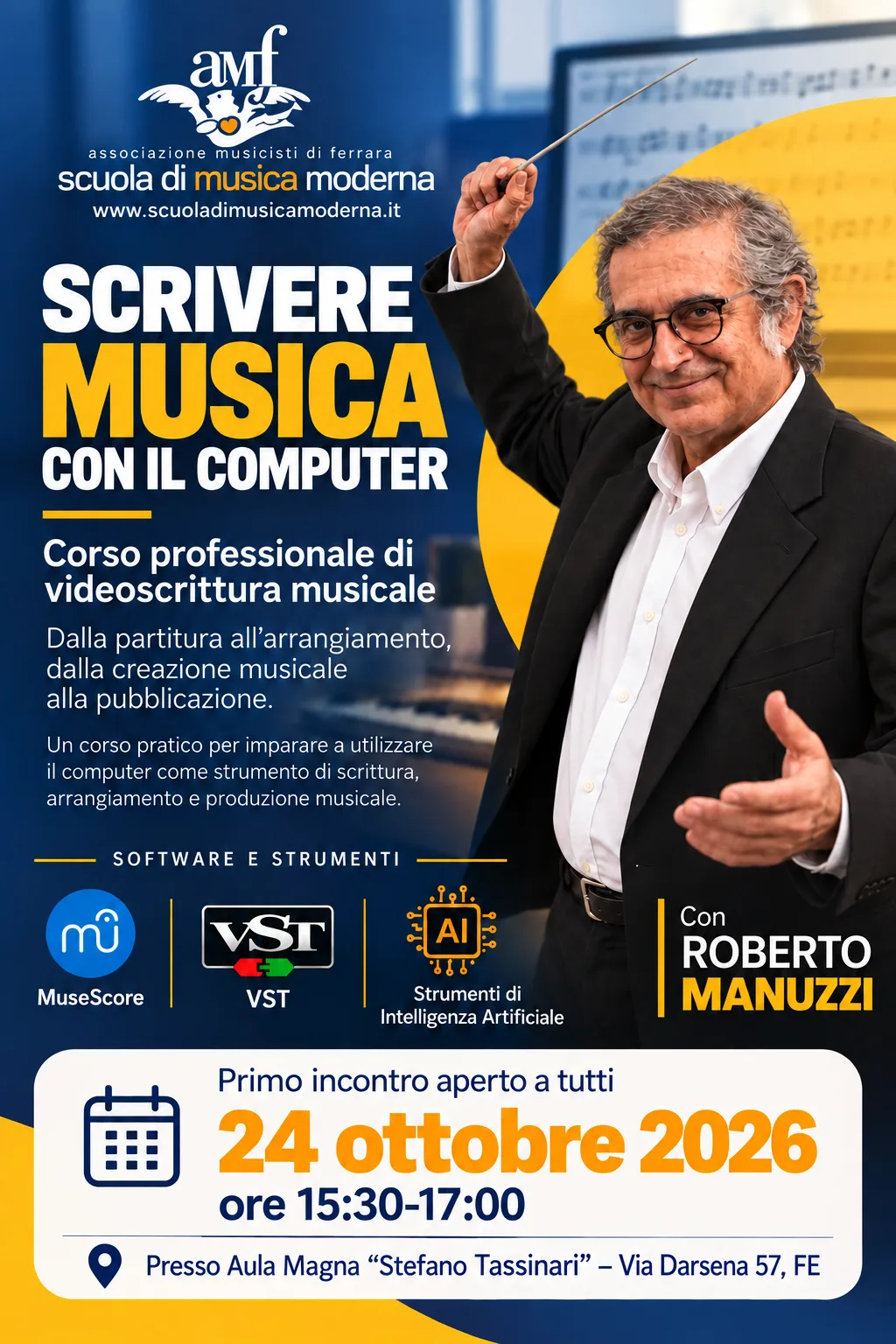 Scrivere musica con il computer – Manuzzi – 24 ottobre 2026 Locandina Scrivere musica con il computer, corso di Roberto Manuzzi, primo incontro 24 ottobre 2026